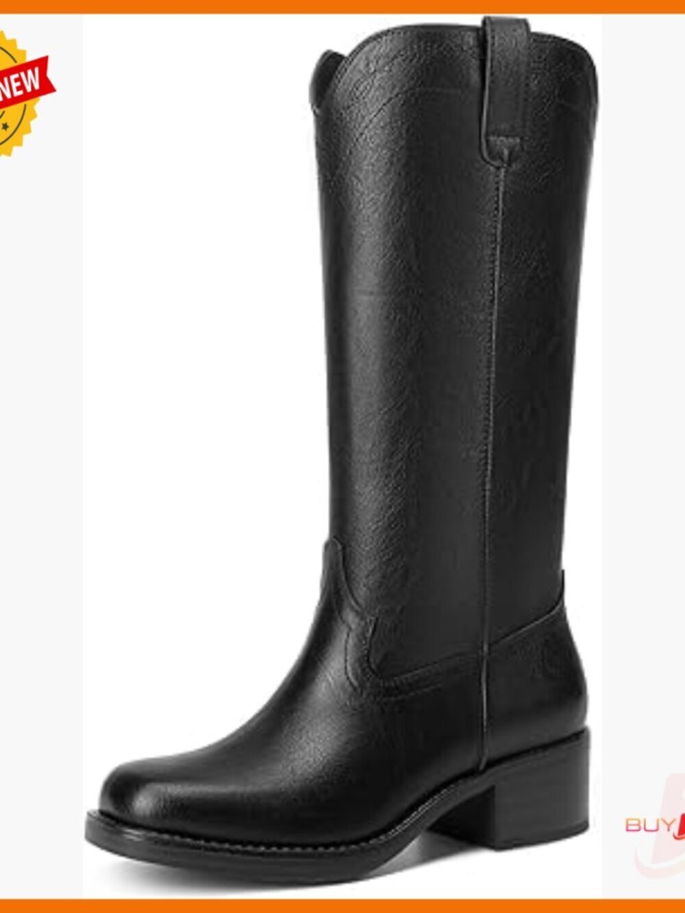 Knee High Boots Square Toe Slip On Combat Heel Faux Leather